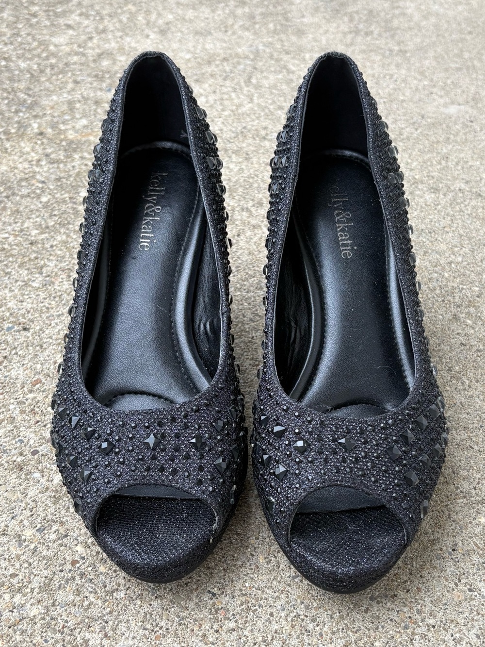Kelly & Katie Indiana Black Crystal Slip On Peep-Toe Glitter Embellished Heels